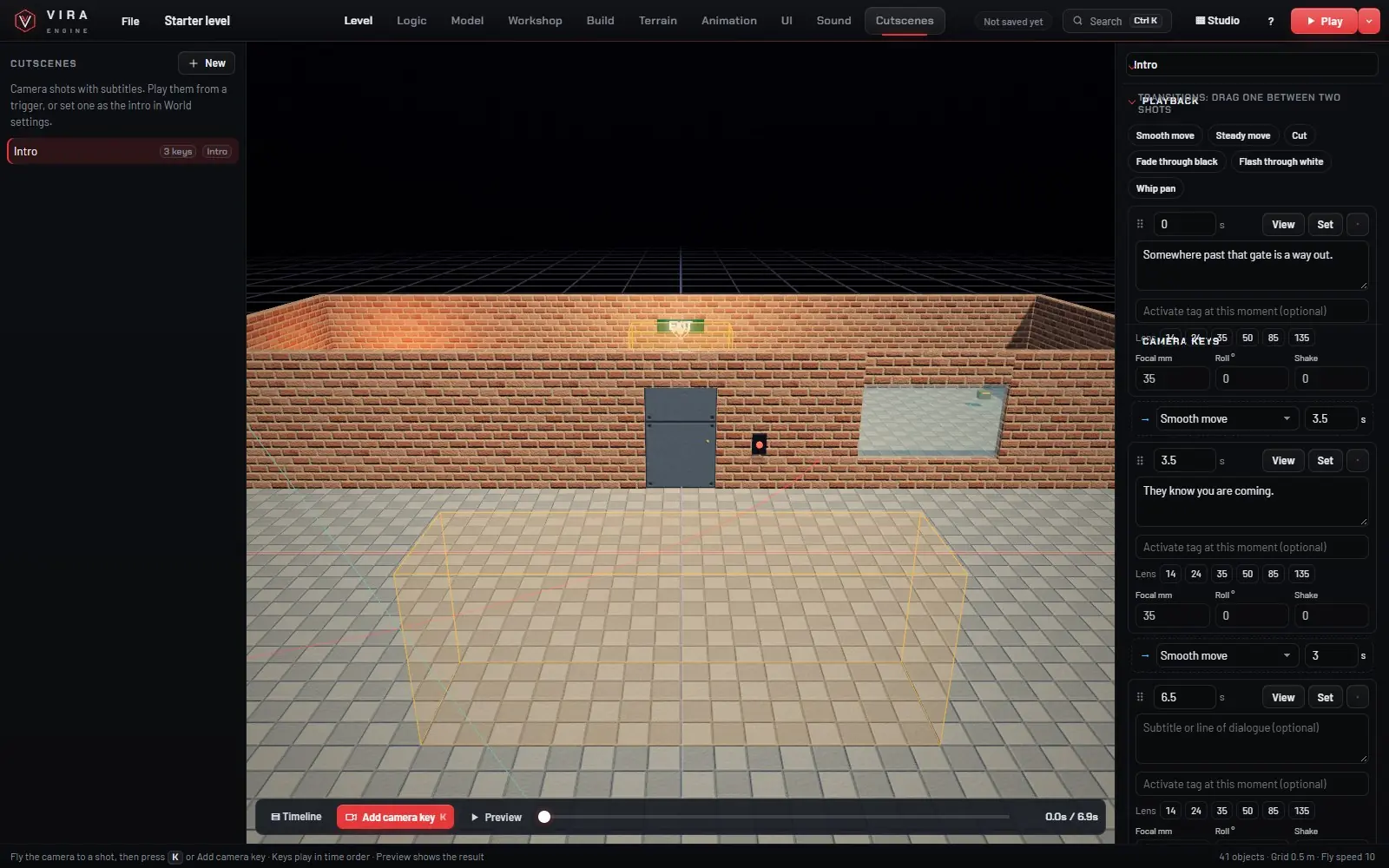 Cutscene Editor with shots on a timeline