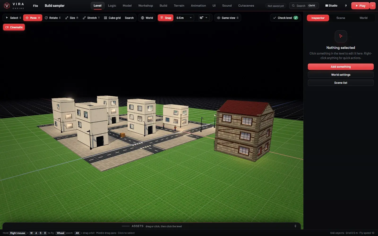 A town built from kit pieces in Vira Engine