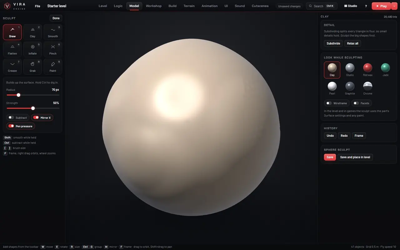 Sculpting a clay sphere with brushes
