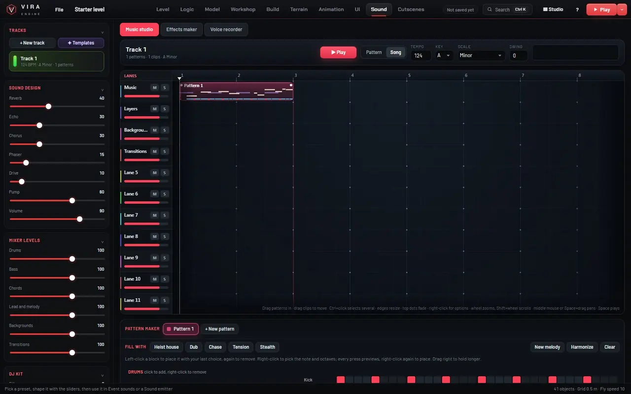 Music Studio with pattern lanes and a mixer