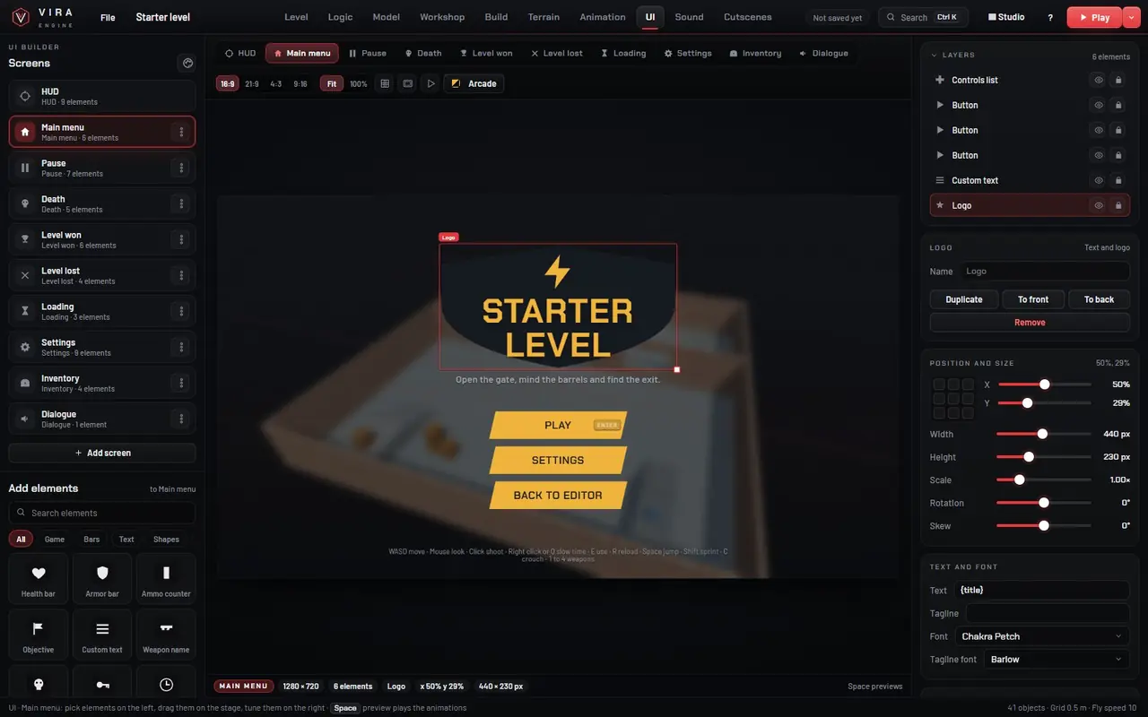 Interface designer with a start menu